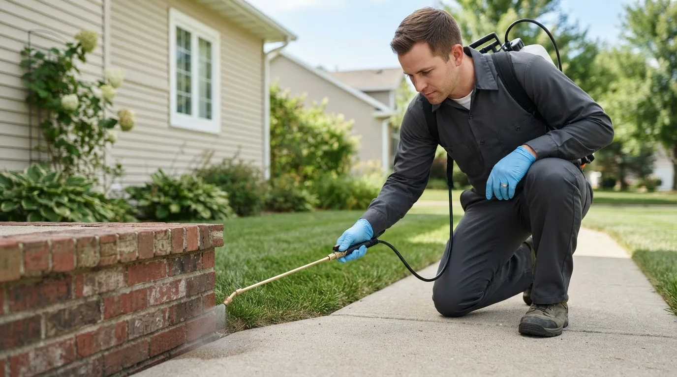 Pest control technician treating a home near Neola, IA