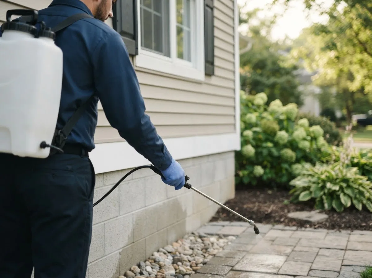 Pest control technician inspecting a home in Neola, IA